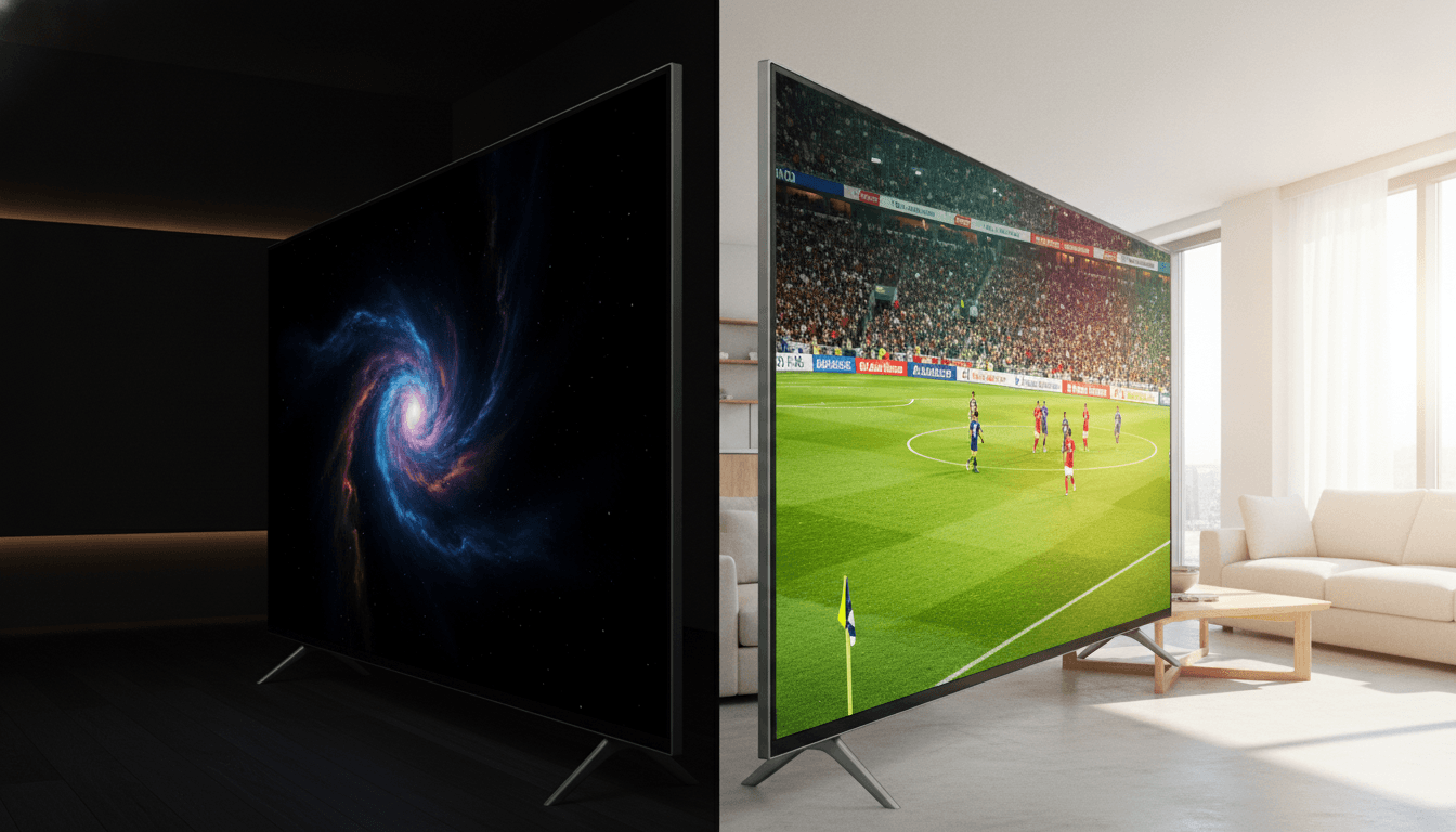 A split image comparing OLED vs QLED vs Mini-LED TV technology, with one side showing deep blacks in a dark room and the other showing high brightness in a sunny room.