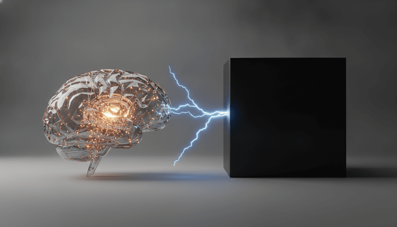 An illustration showing a transparent glass brain and a solid black cube, representing the open vs closed AI models debate.