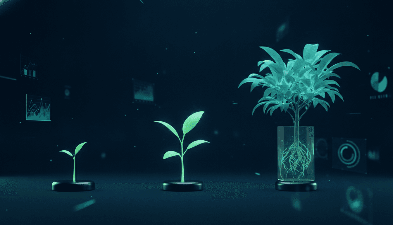 An abstract illustration of three seedlings at different growth stages, representing the pre-seed vs seed vs series a startup funding rounds.