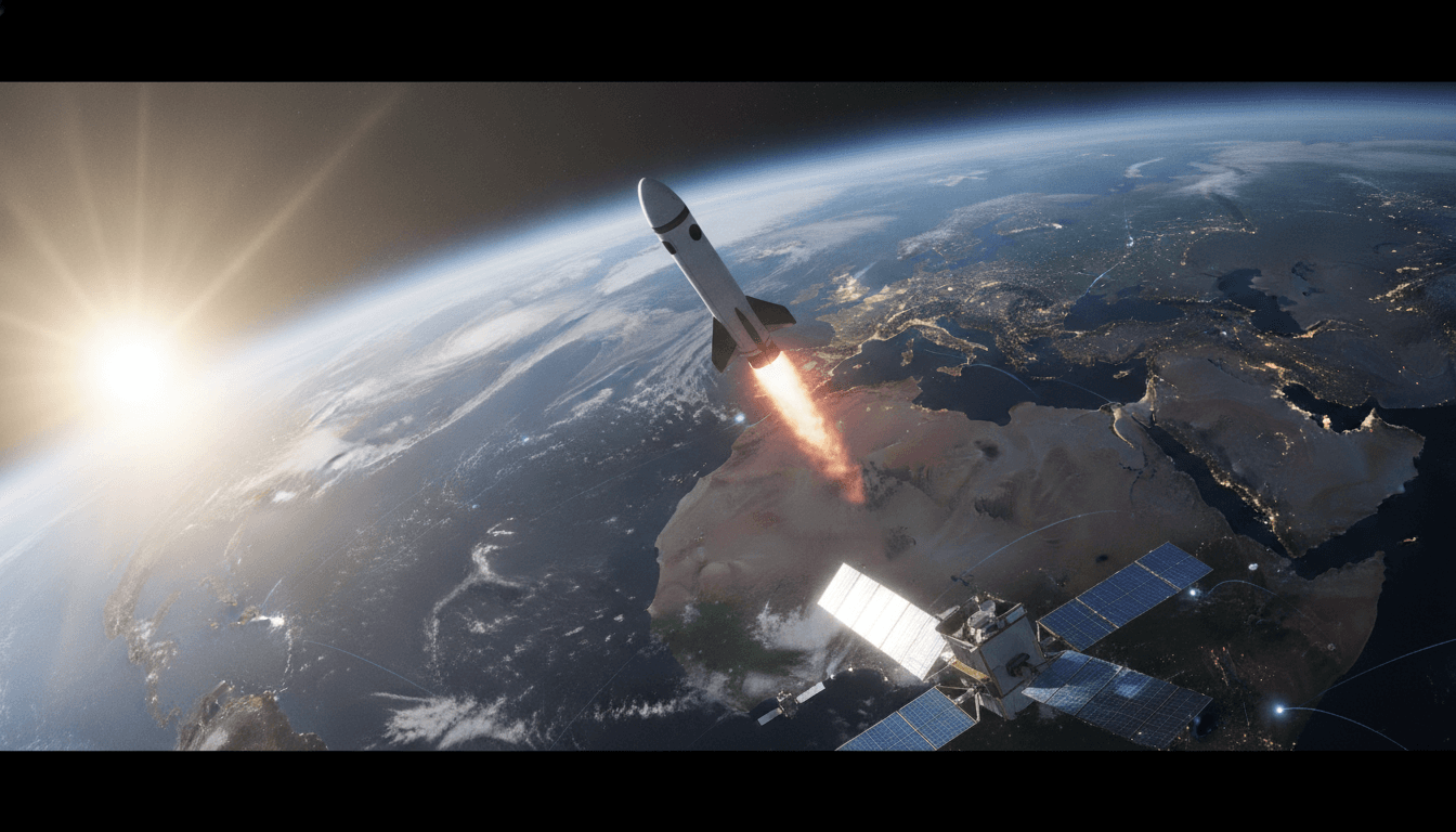 A view of Earth from low orbit with a reusable rocket descending and a constellation of satellites providing data to the planet.