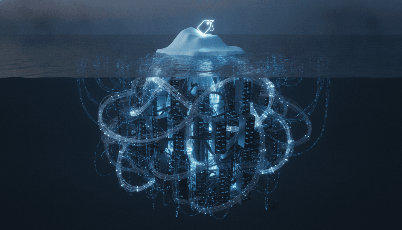 An illustration of an iceberg representing the real cost of AI implementation, with the small visible tip labeled 'Subscription Fee' and the massive submerged part showing hidden costs like data and integration.