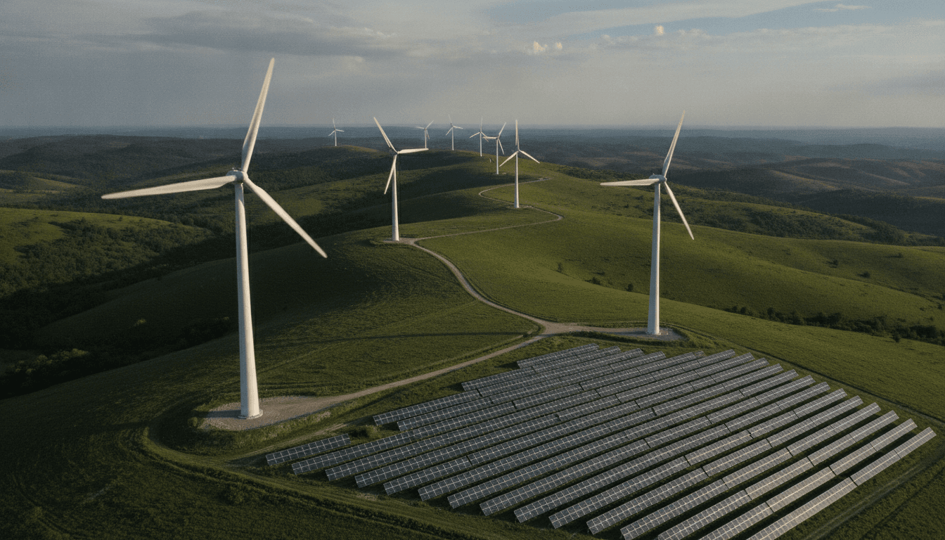 A visual representation of the future of clean energy, showing advanced solar panels, grid-scale battery storage, and an intelligent, interconnected smart grid.