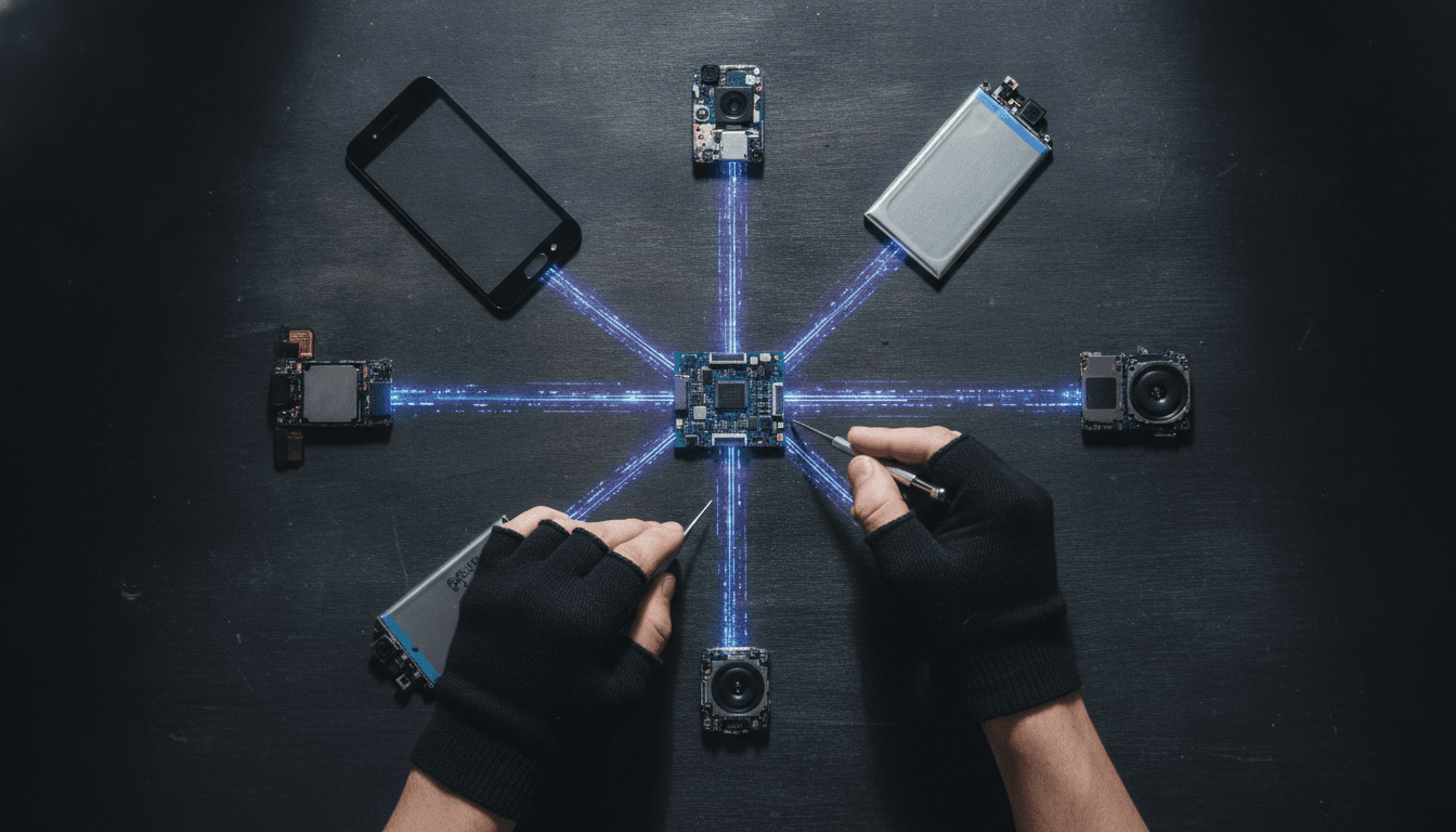 A disassembled smartphone on a workbench, with its parts laid out neatly, representing the core concept of the right to repair explained through hands-on fixing.