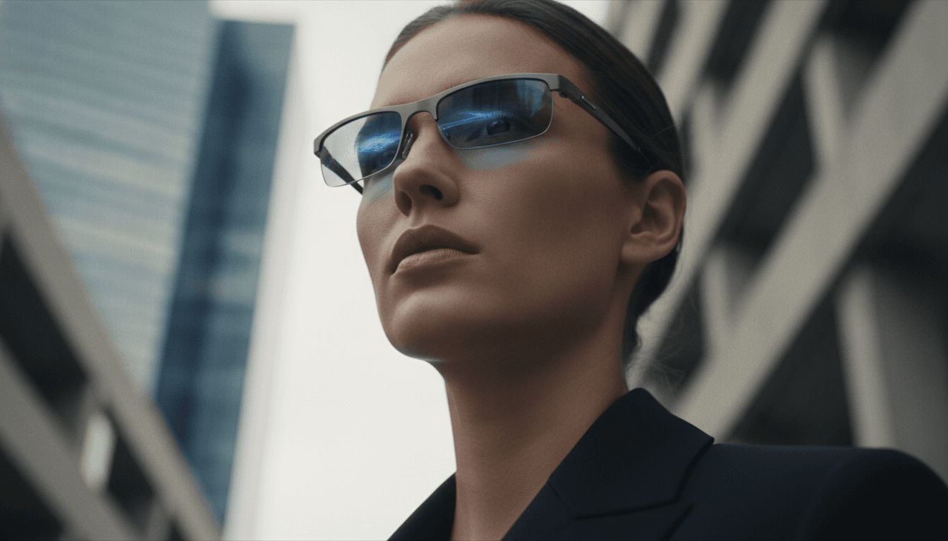 A person wearing a pair of modern black smart glasses, featured in this smart glasses buying guide, against a blurred city background.