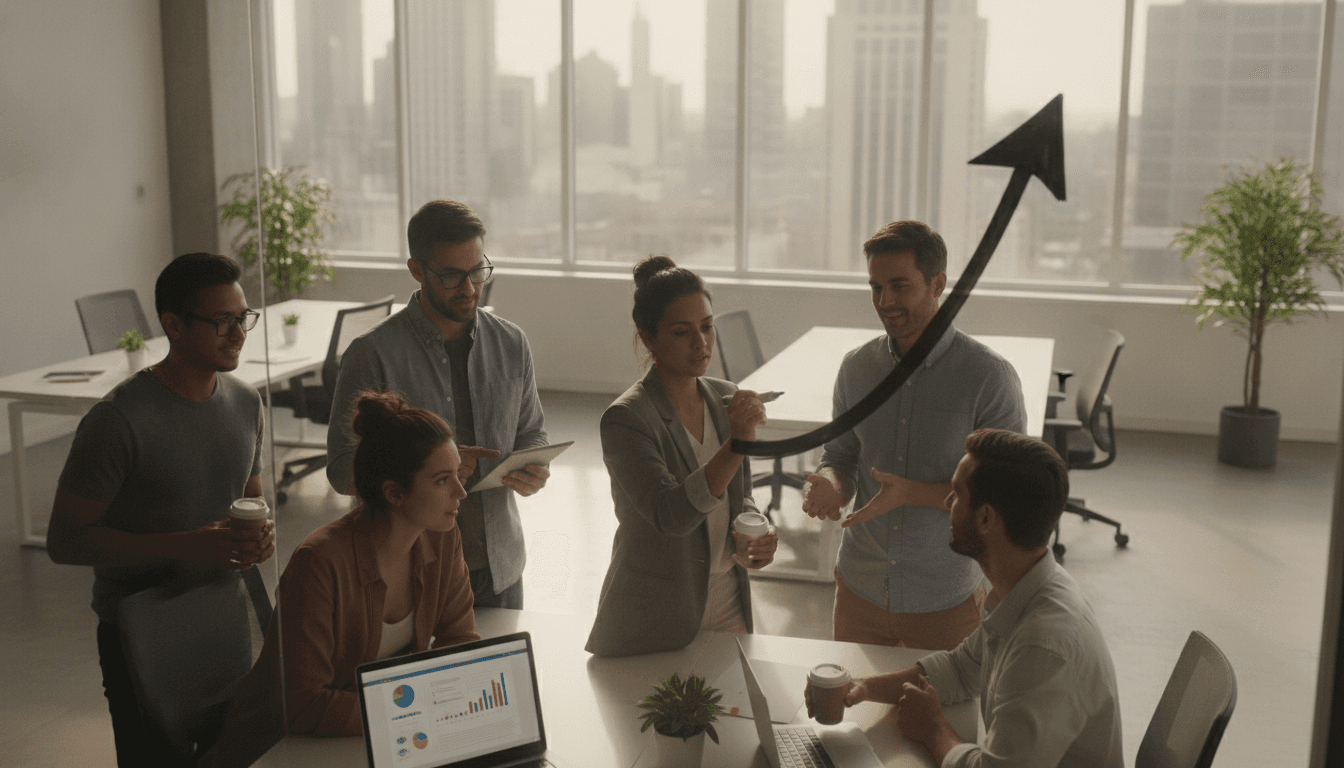 A startup team strategically planning a pivot, with one person drawing a directional arrow on a whiteboard, symbolizing a calculated change in business strategy.