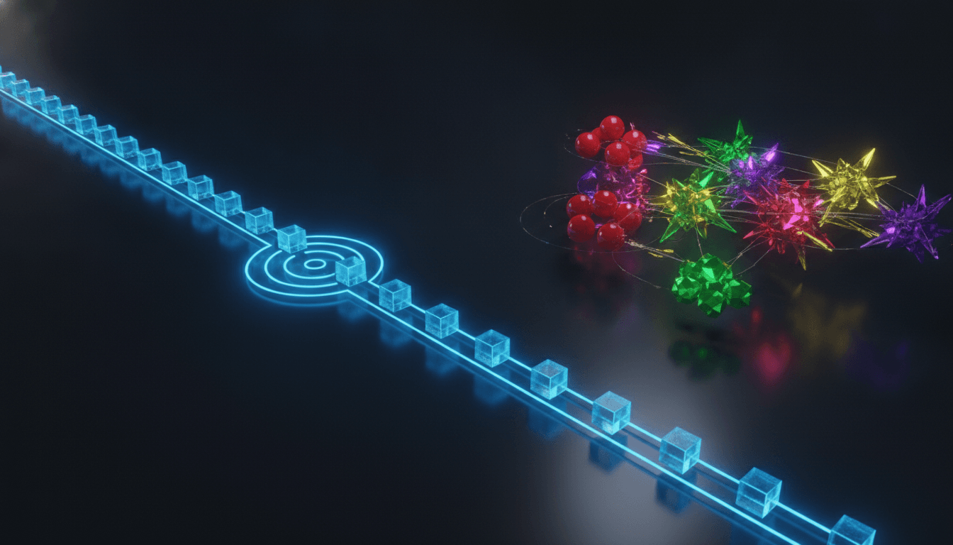An abstract illustration of supervised vs unsupervised learning showing two data paths, one organized and labeled, the other being sorted from chaos into clusters.