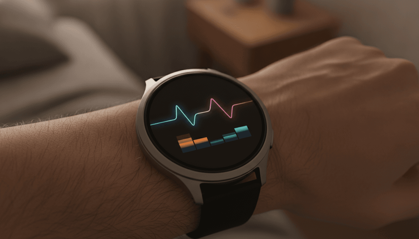 A modern smartwatch on a wrist displaying colorful, abstract health data like a heart rhythm and sleep graph, illustrating the concept of smartwatch health tracking.