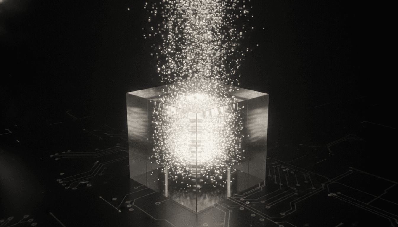 An abstract image showing AI tokens, small digital blocks, filling up a large glowing cube that represents an AI model's context window.