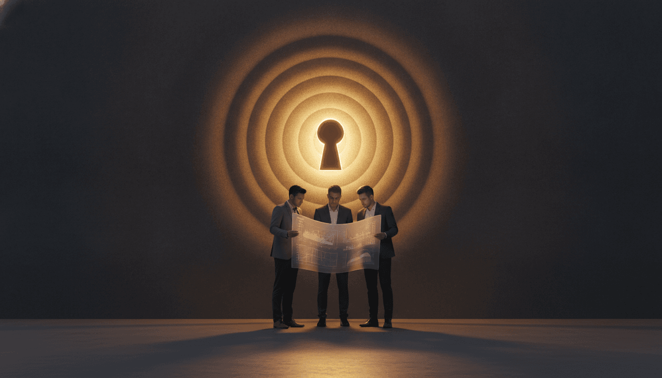An illustration showing startup founders studying a glowing keyhole, representing what investors look for in a pitch.