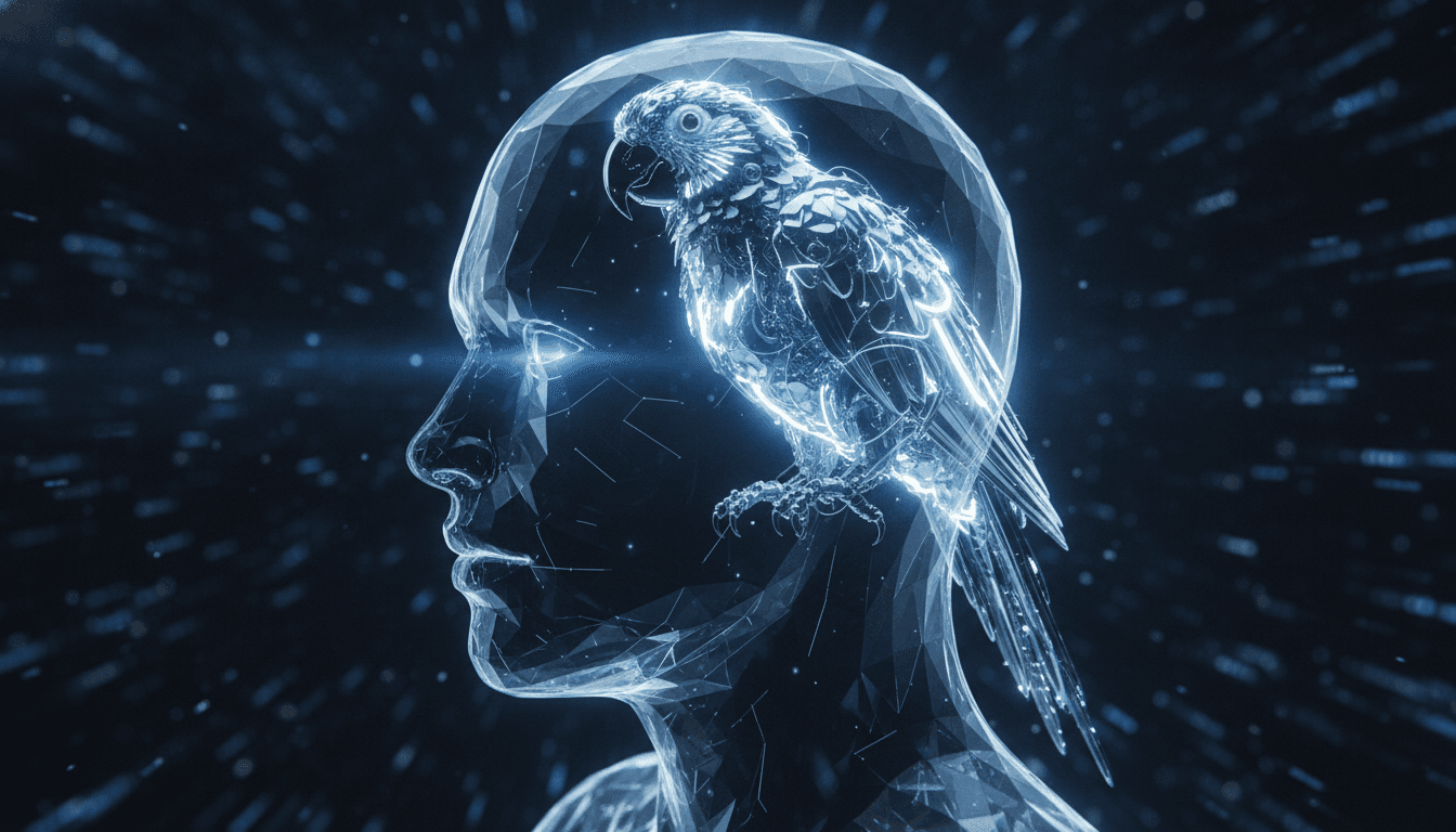 An abstract visualization of a large language model, showing a glowing parrot made of data inside a translucent human head, representing the concept of a 'stochastic parrot' that mimics understanding.
