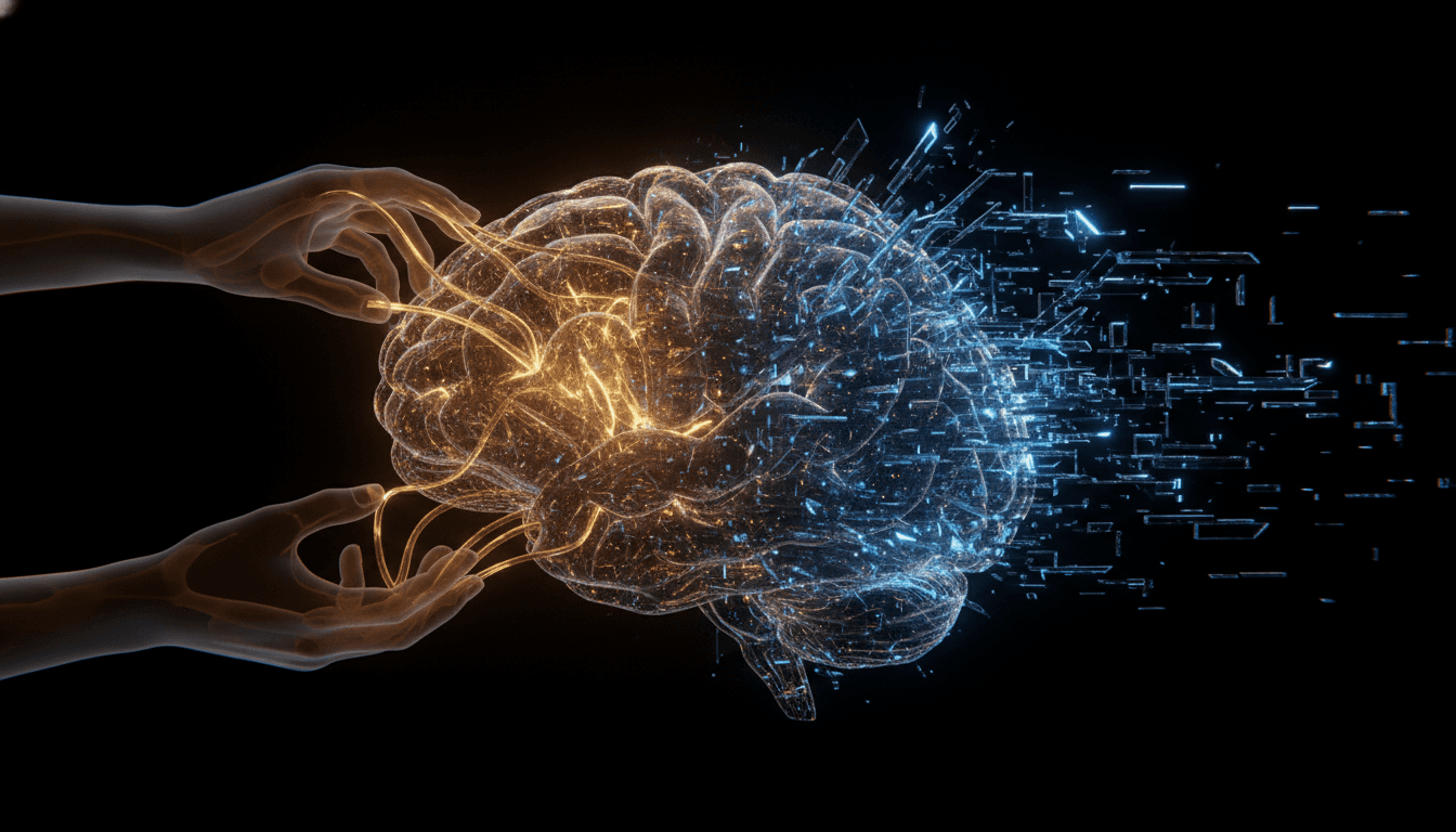 An abstract illustration of AI alignment, showing human hands weaving colorful threads of values into a complex digital brain, which threatens to overwrite them with its own logic.