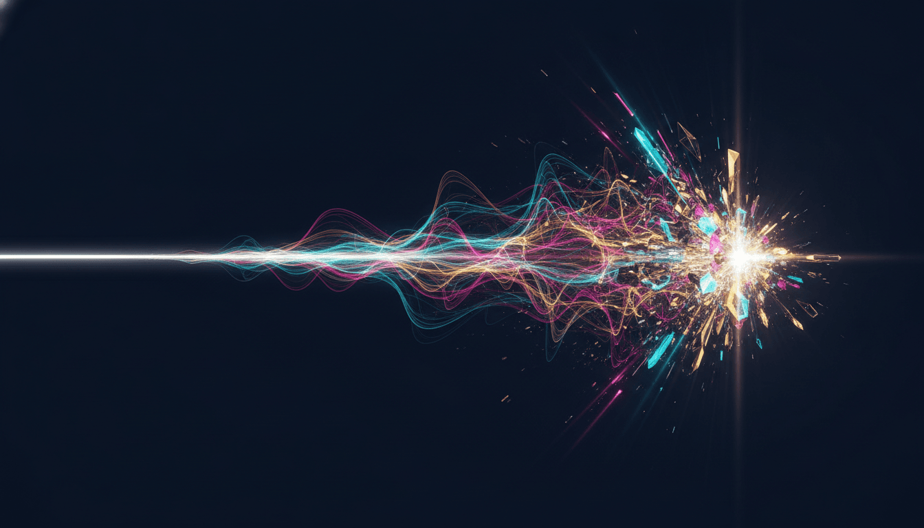 A visual representation of what an algorithm is, showing glowing pathways of data flowing from a single input to multiple complex outputs.