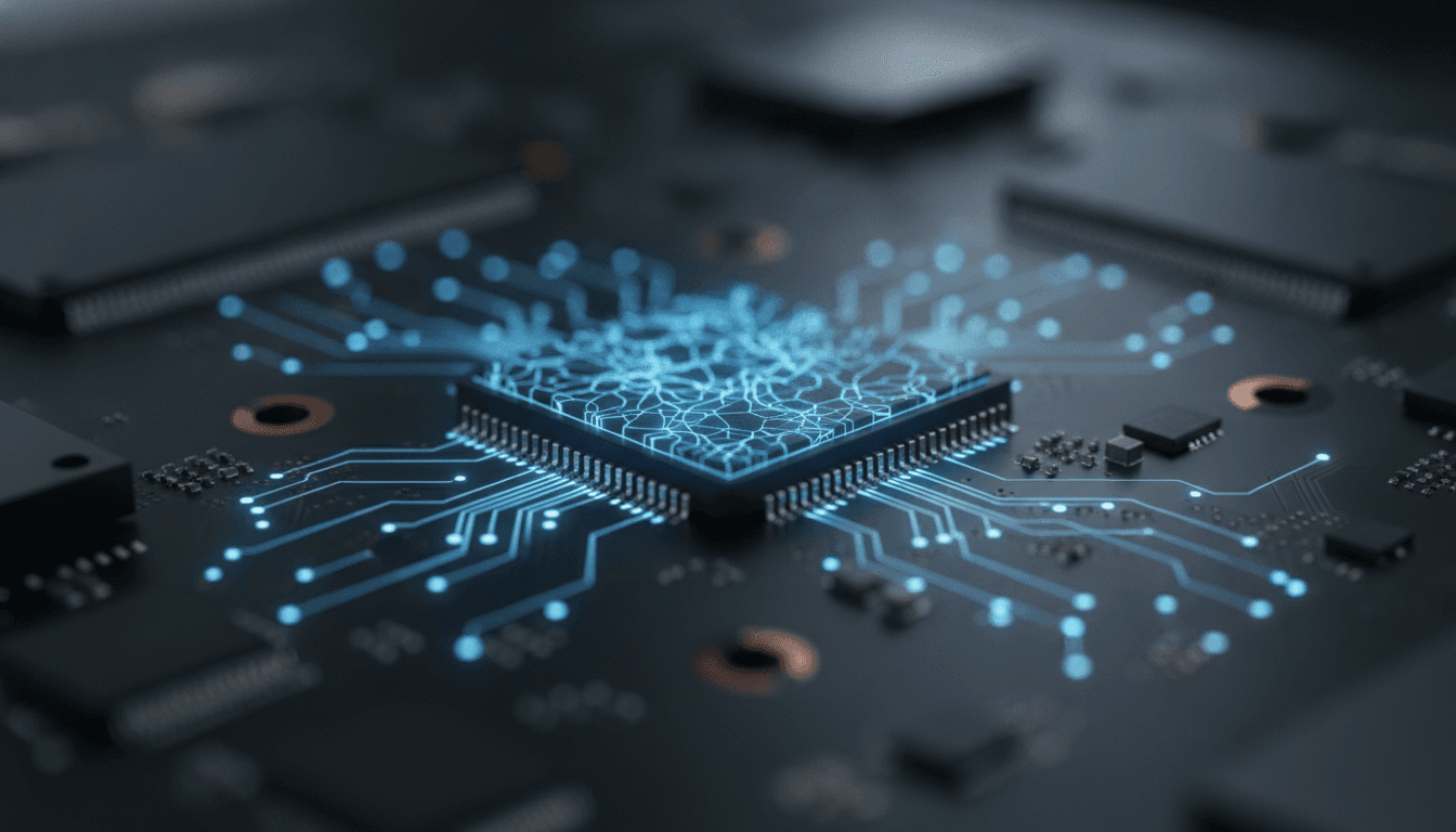 A close-up illustration of a laptop's internal chipset, highlighting the NPU (Neural Processing Unit), the AI chip at the center of modern computers.