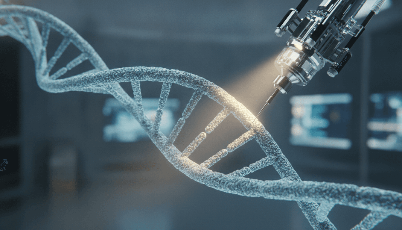 A 3D illustration showing the CRISPR gene editing tool precisely cutting a strand of a glowing DNA double helix, explaining what CRISPR is simply.