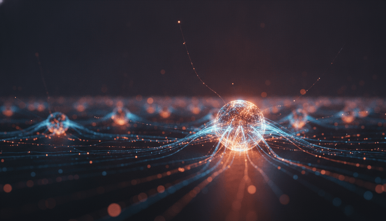 An abstract visualization of a deep learning neural network, showing layers of glowing nodes connected by lines of light, representing the complexity of the system.