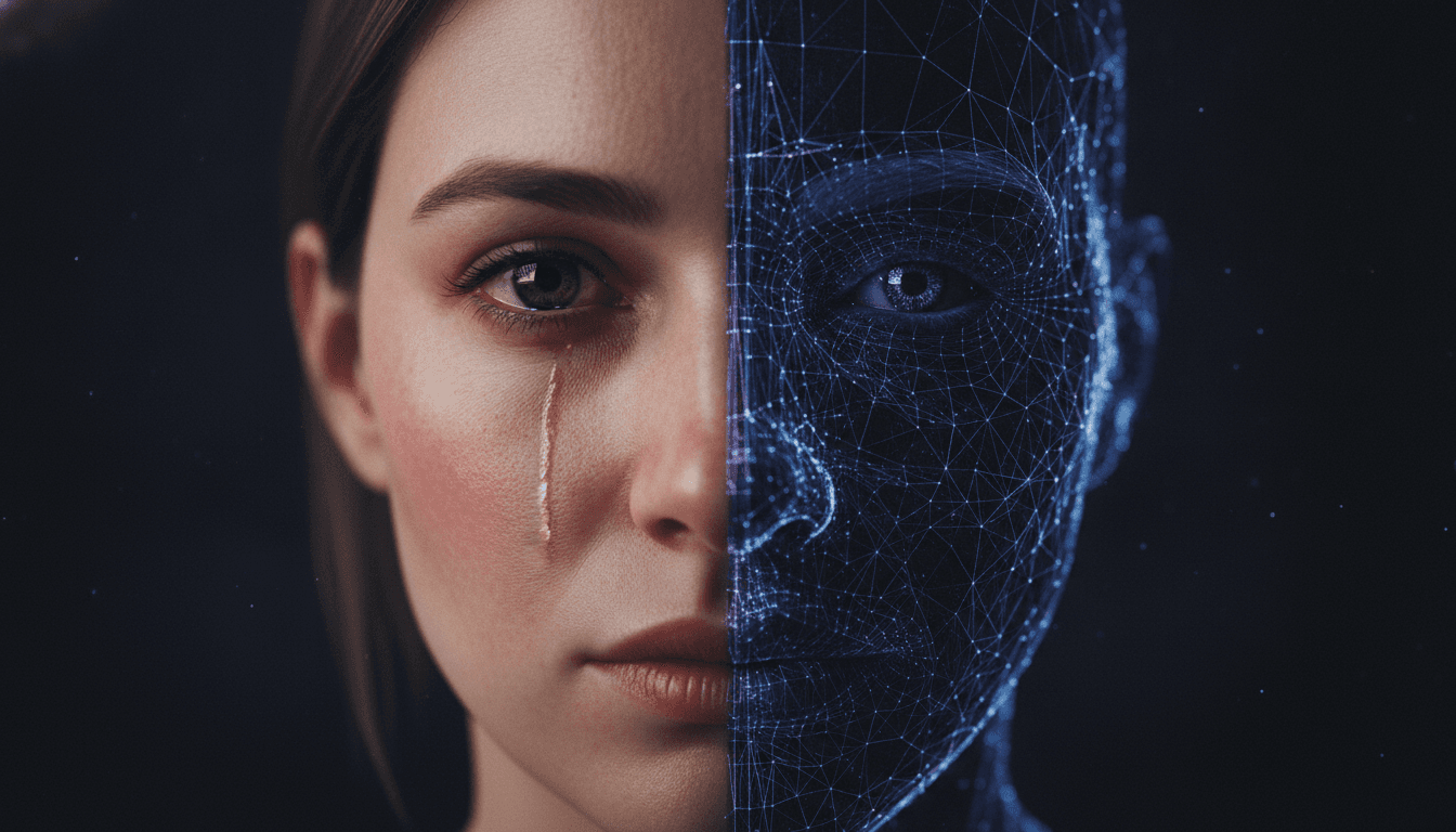 An illustration of a face that is half-human and half-digital wireframe, representing the concept of what is a deepfake and AI-generated media.