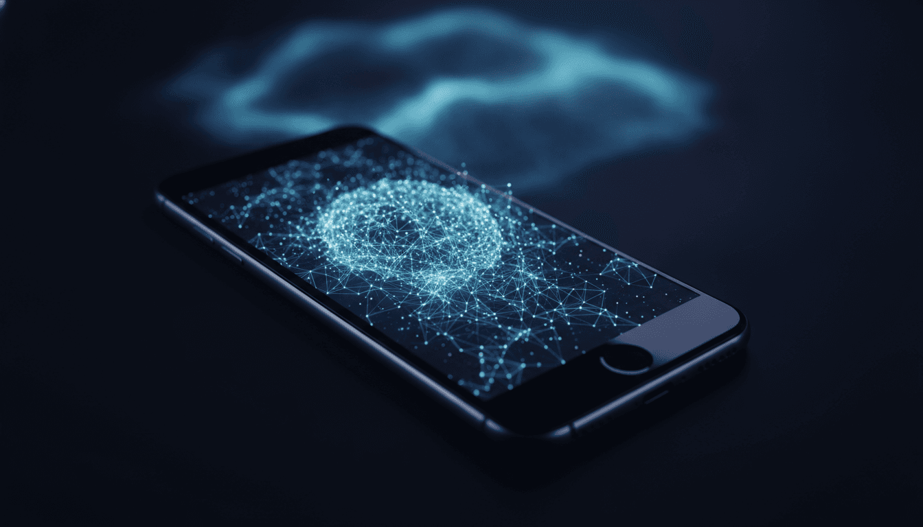 A conceptual image illustrating what edge computing is, showing a glowing neural network on a local device with a distant cloud in the background.