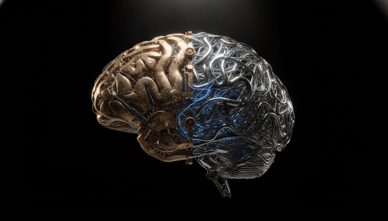 A conceptual image showing the difference between AI and machine learning, depicted as a brain made of both rigid gears and fluid, adaptive networks.