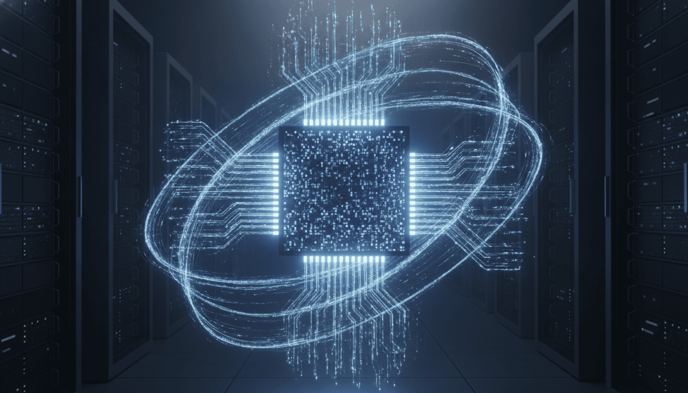 An abstract image representing the concept of what is quantum supremacy, with a glowing quantum processor chip outshining older classical computer servers in the background.