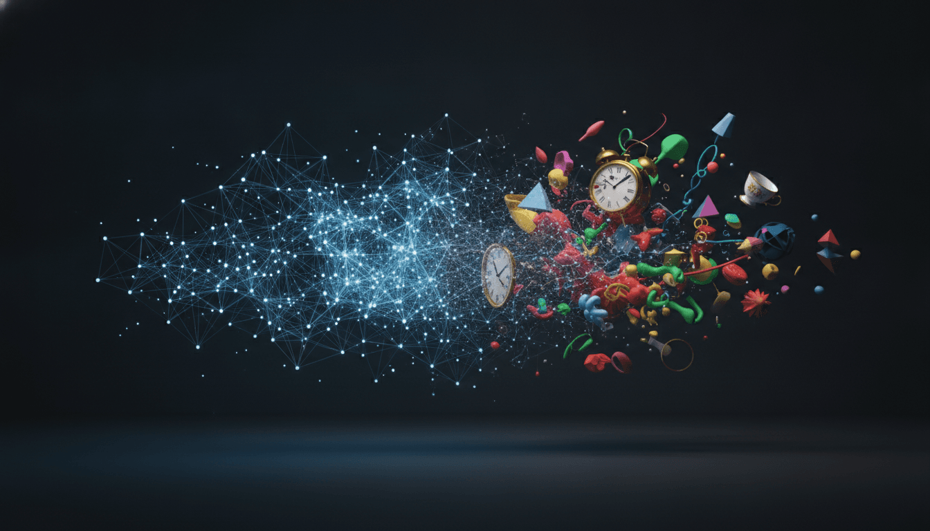 An abstract image representing why AI chatbots hallucinate, showing a clean neural network transforming into chaotic, invented shapes.