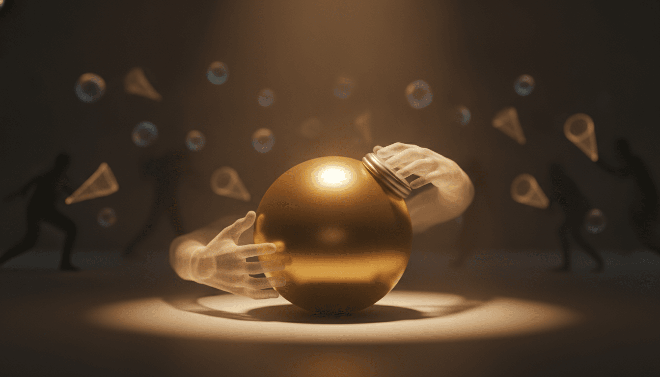 An abstract image illustrating customer retention vs acquisition, with a large golden sphere being nurtured (retention) and smaller spheres being chased (acquisition).