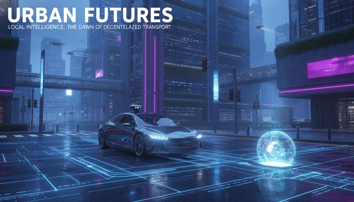 An illustration representing edge computing, with data processing happening locally on a city street with smart devices and a self-driving car, instead of in a distant cloud.