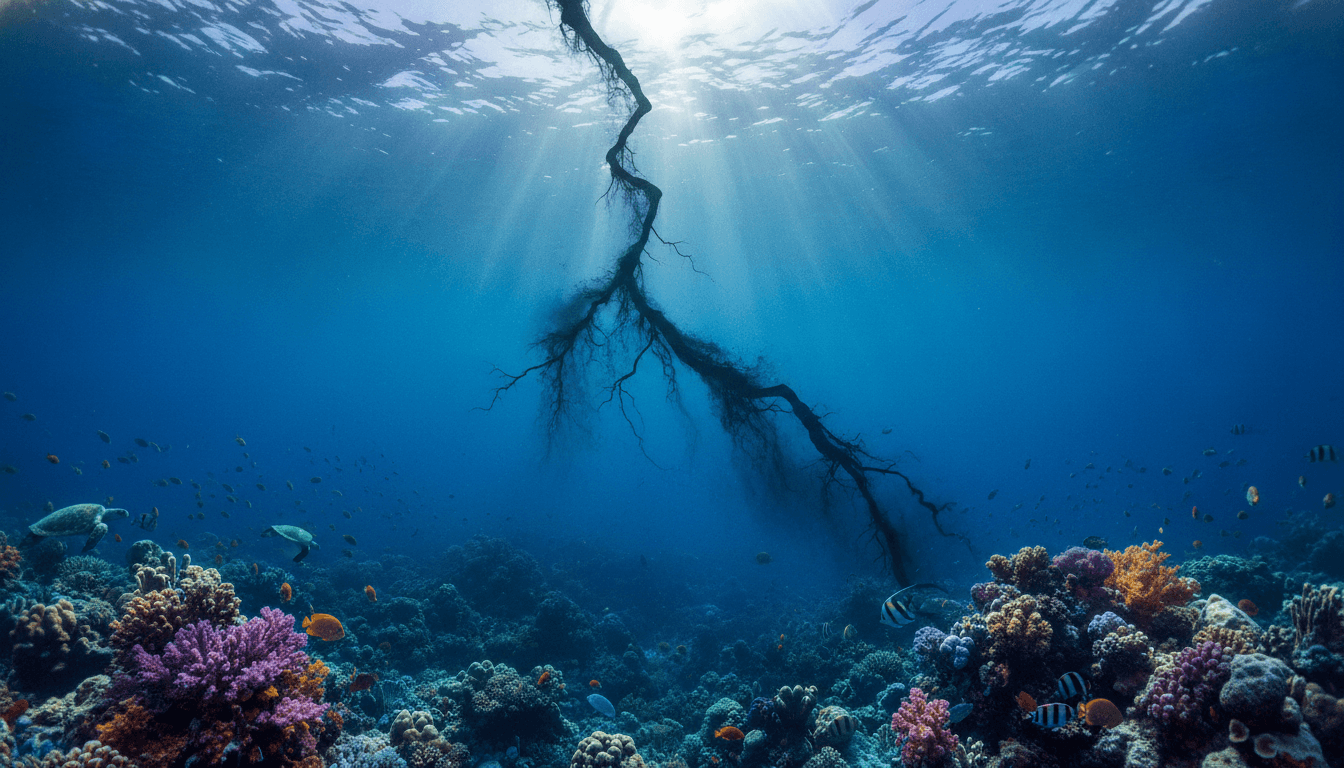 A vibrant coral reef teeming with fish, viewed from below looking up at the sunlit ocean surface, illustrating why the ocean matters for planetary health.