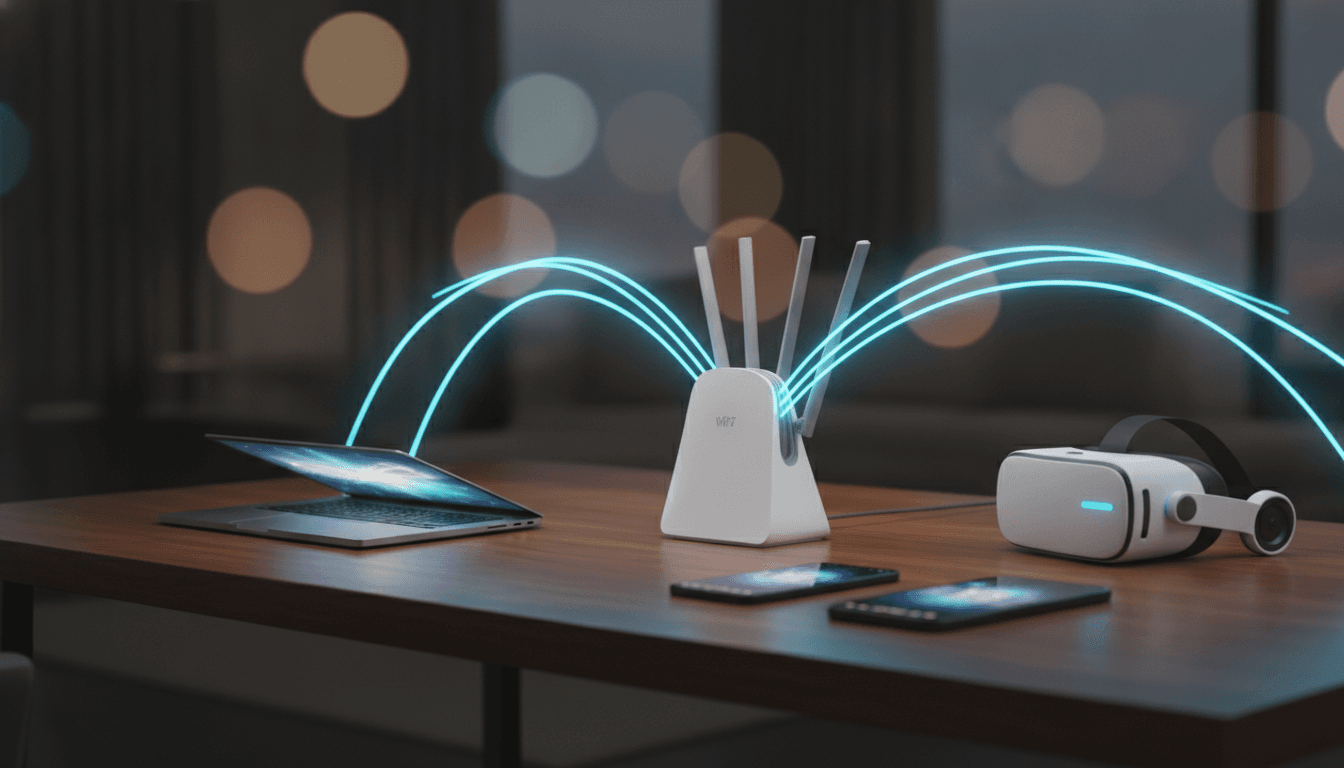 A modern Wi-Fi 7 router on a desk with glowing blue light trails connecting to a laptop, phone, and VR headset, illustrating the core topic of Wi-Fi 6 vs Wi-Fi 7.