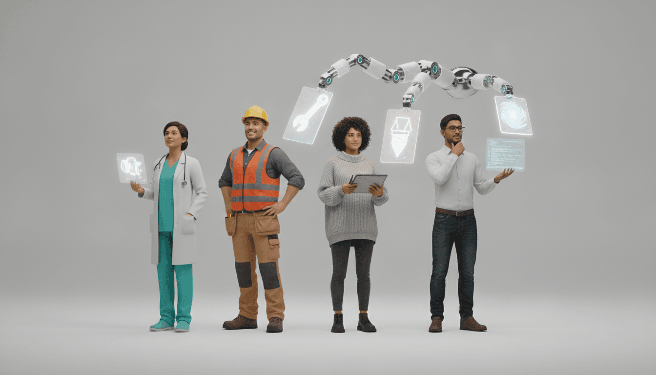 An illustration showing AI job automation by industry, with a robotic arm augmenting workers from different fields rather than replacing them.