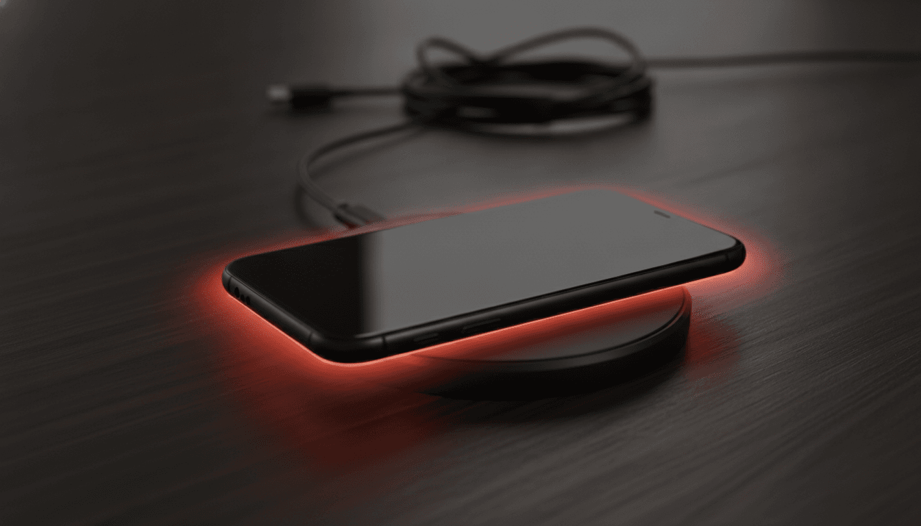 A smartphone on a wireless charging pad, illustrating the concept of how wireless charging works and the heat it can generate.